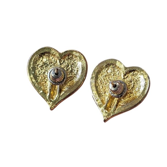 Vintage Black Heart Gold Tone Stud Earrings Enameled 90s 5/8"‎ Valentines - Picture 3 of 9